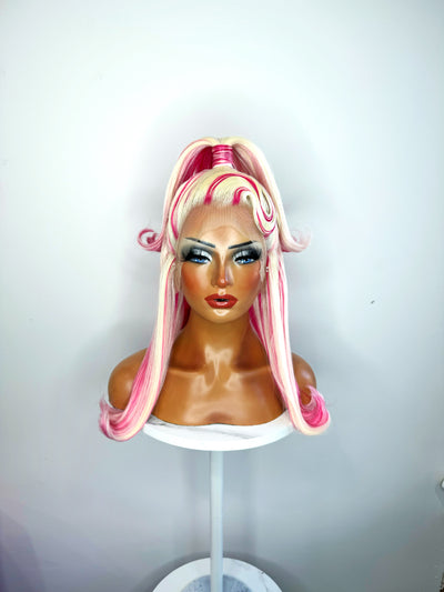 Pink & White Blonde Half Up Ponytail Synthetic Wig (Made to Order)