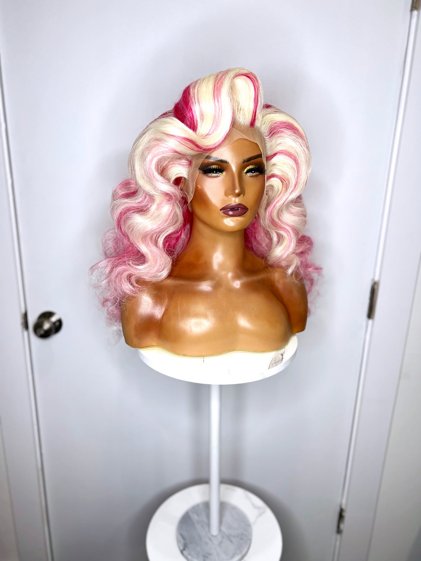 Pink & White Blonde Big Wavy Synthetic Wig (Made to Order)