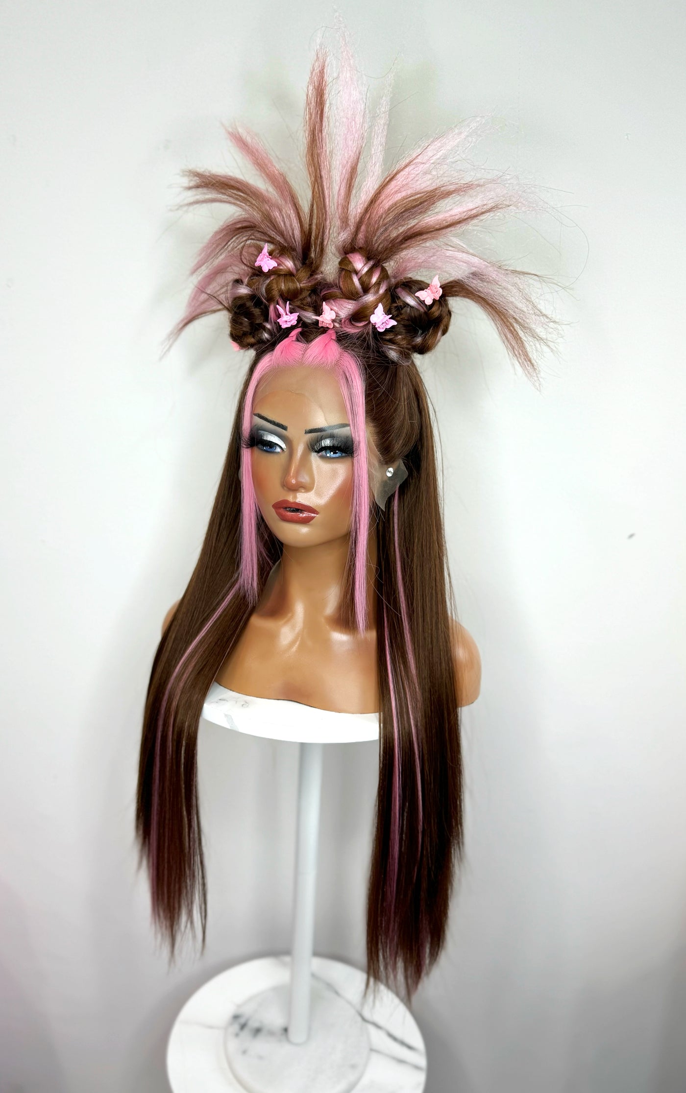 Brunette & Pink Butterfly Y2K Buns Synthetic Wig (Made to Order)