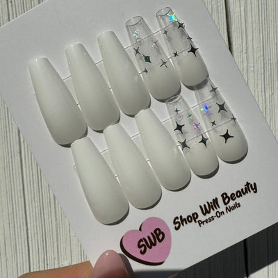 White Holographic Twinkle Coffin Press On Nails