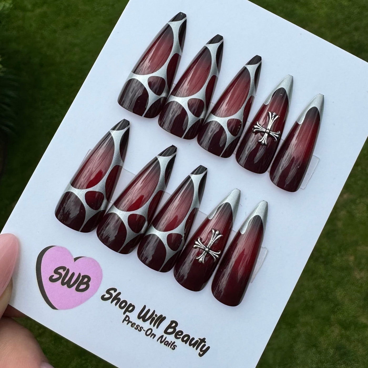 Chrome Burgundy Aura Stiletto Press On Nails