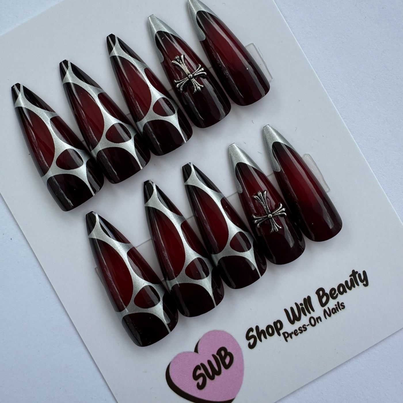 Chrome Burgundy Aura Stiletto Press On Nails