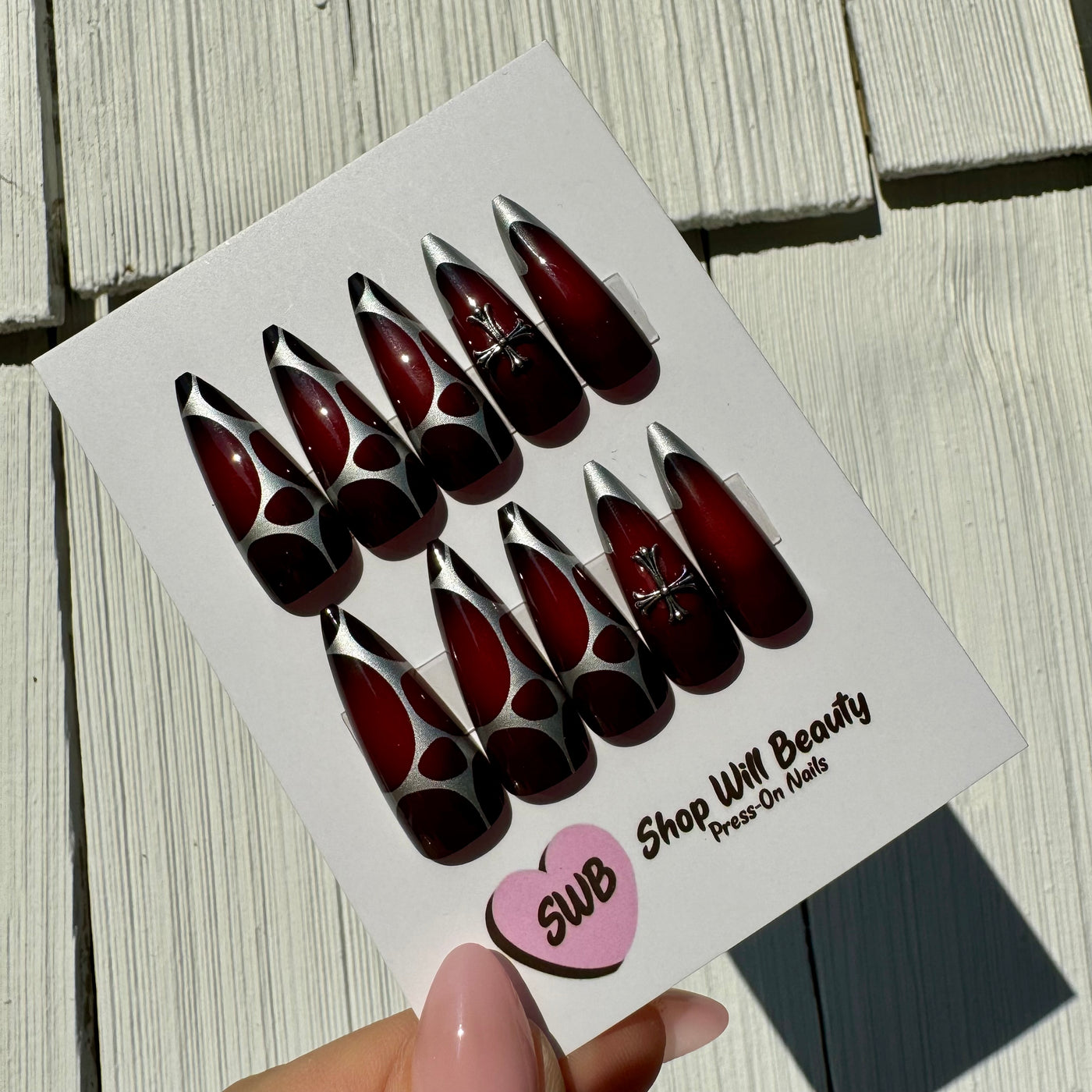 Chrome Burgundy Aura Stiletto Press On Nails